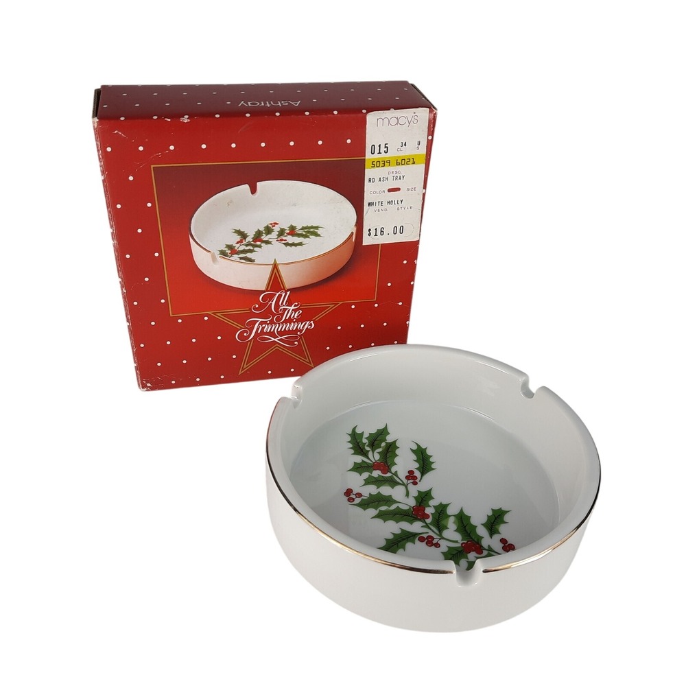 Macy's Christmas Holly & Berry Ashtray All The Trimmings J3024A Japan Gold Trim